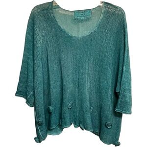 GRIZAS Oliota Top Linen Flower Detail Teal Lagenlook Oversized Relaxed Sz Medium